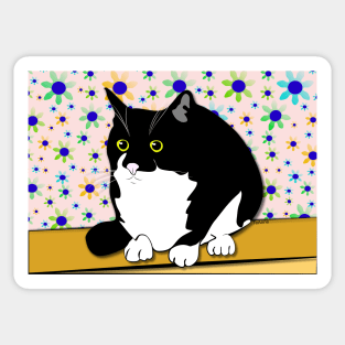 Cute Tuxedo Fatty Cat Sitting on the Bench  copyright TeAnne Sticker